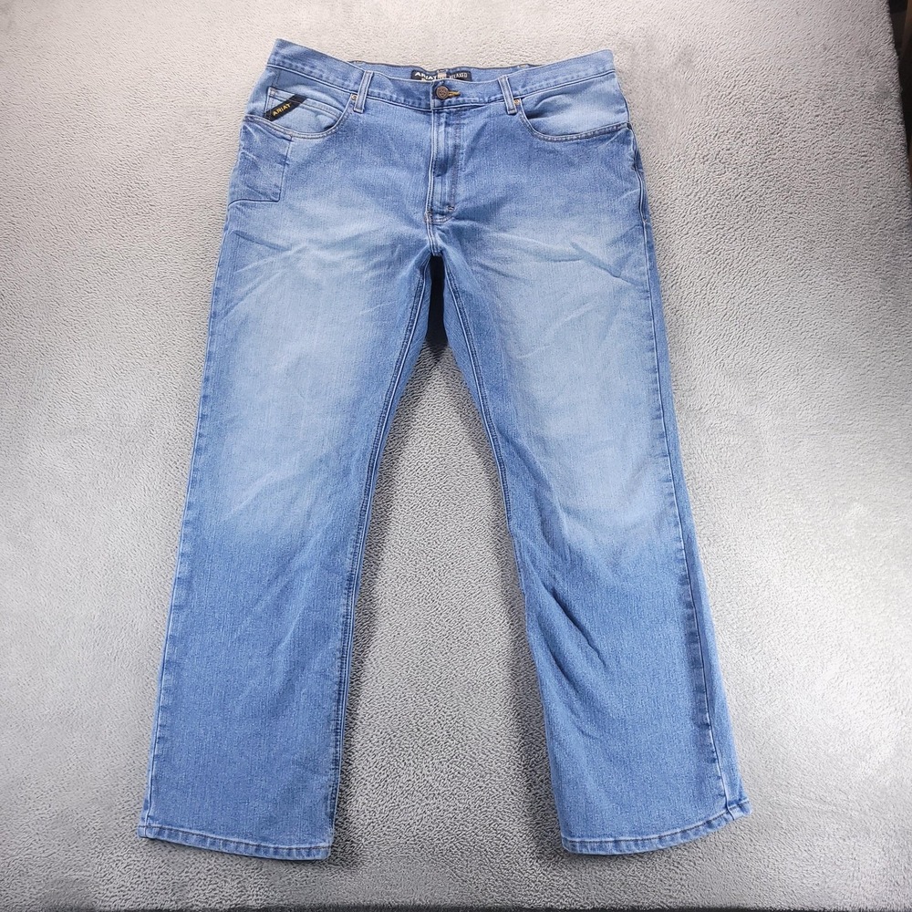 Ariat Rebar M4 Jeans Mens 40x34 Blue Relaxed Bootcut Light Wash Stretch Denim